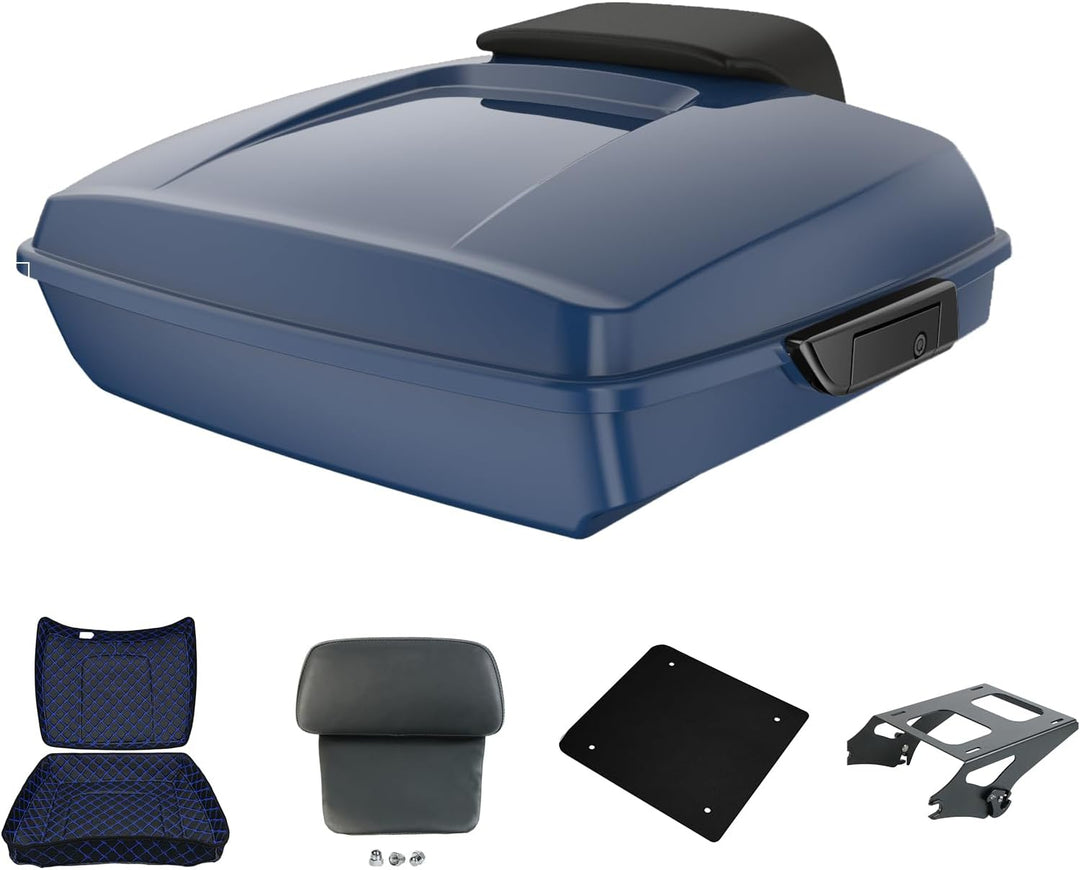Billiard Blue Razor Tour Pack Trunk, Black Razor Backrest Pad, Black Tour Pack Latches, Black Luggage Rack, Razor Tour Pack Liner Blue Stitching, Metal Plate for Harley Touring 2014-2023