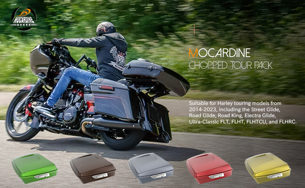 a man riding a harley with a nice chopped tour pack